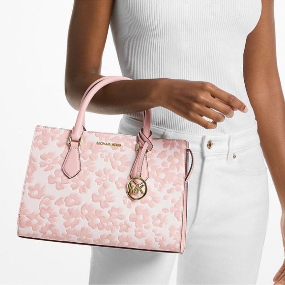 Michael Kors Sheila Medium Sequined Floral Satchel Bag Powder Blush Multi - Picture 3 of 12